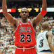 Michael Jordan of the Chicago Bulls celebrates after the Bulls win Game 5 of the NBA Finals in Salt Lake City on June 11, 1997.
JEFF HAYNES/AFP/Getty Images